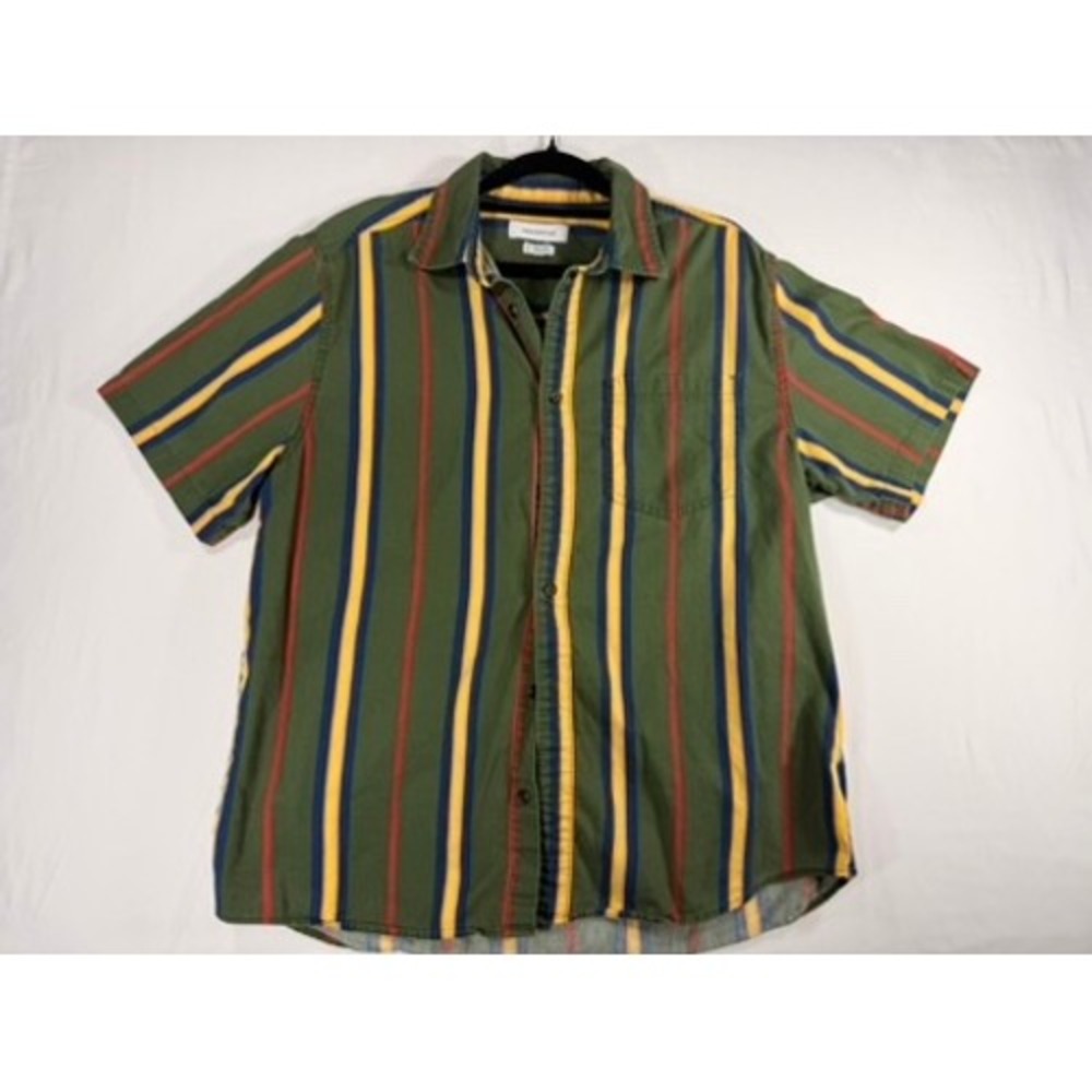 Urban Outfitters Button Down Men Medium Green Striped Short Sleeve Cotton Shirt